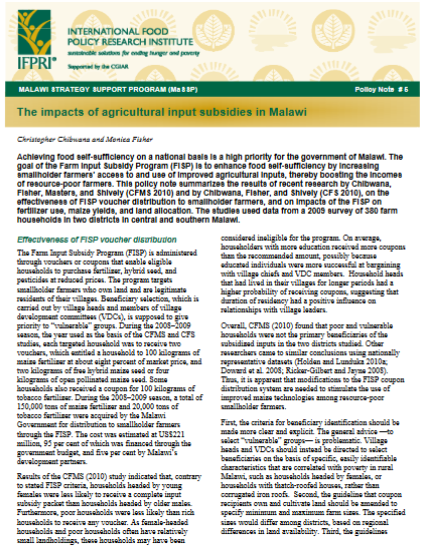 Ifpri : Les impacts de la subvention des intrants agricoles au Malawi