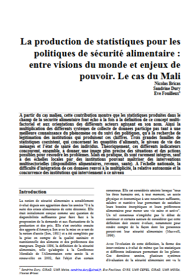 La production de statistiques pour les politiques de sécurité alimentaire : entre visions du monde et enjeux de pouvoir. Le cas du Mali