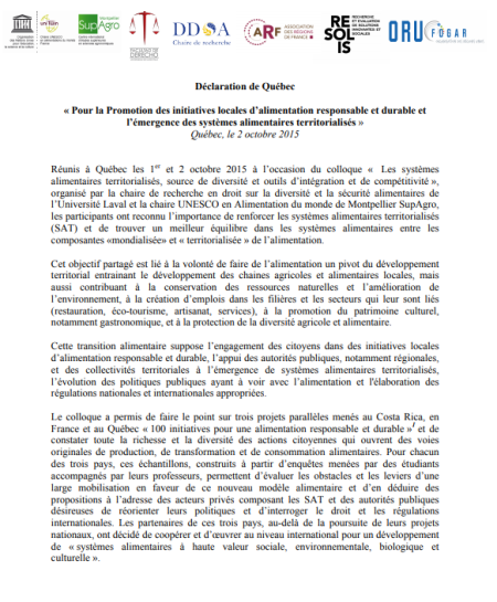 Déclaration de Québec "Pour la promotion des initiatives locales d'alimentation responsable et durable et l'émergence de systèmes alimentaires territorialisés"