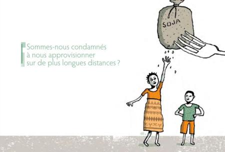 Illustrations d'enfants tentant d'attraper un sac de soja, tandis que celui-ci est rendu inaccessible par une fourchette géante. ©SOS Faim, Défi Sud 138