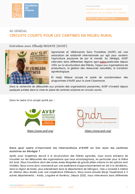 Fiche capitalisation cantines en circuits courts en milieu rural au Sénégal